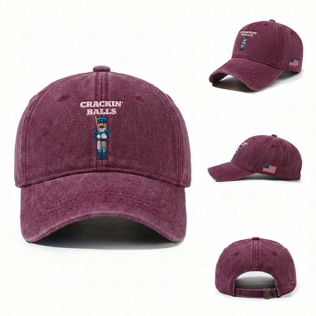 Funny Nutcracker Baseball Washed Cotton Baseball Cap Crackin' Balls Baseball Players TS11 Washed Cap Universal Fit Burgundy Print Your Wear