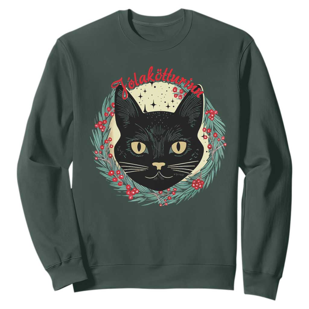 Funny Yule Cat Sweatshirt Jlaktturinn Yule Christmas Black Cat TS11 Dark Forest Green Print Your Wear