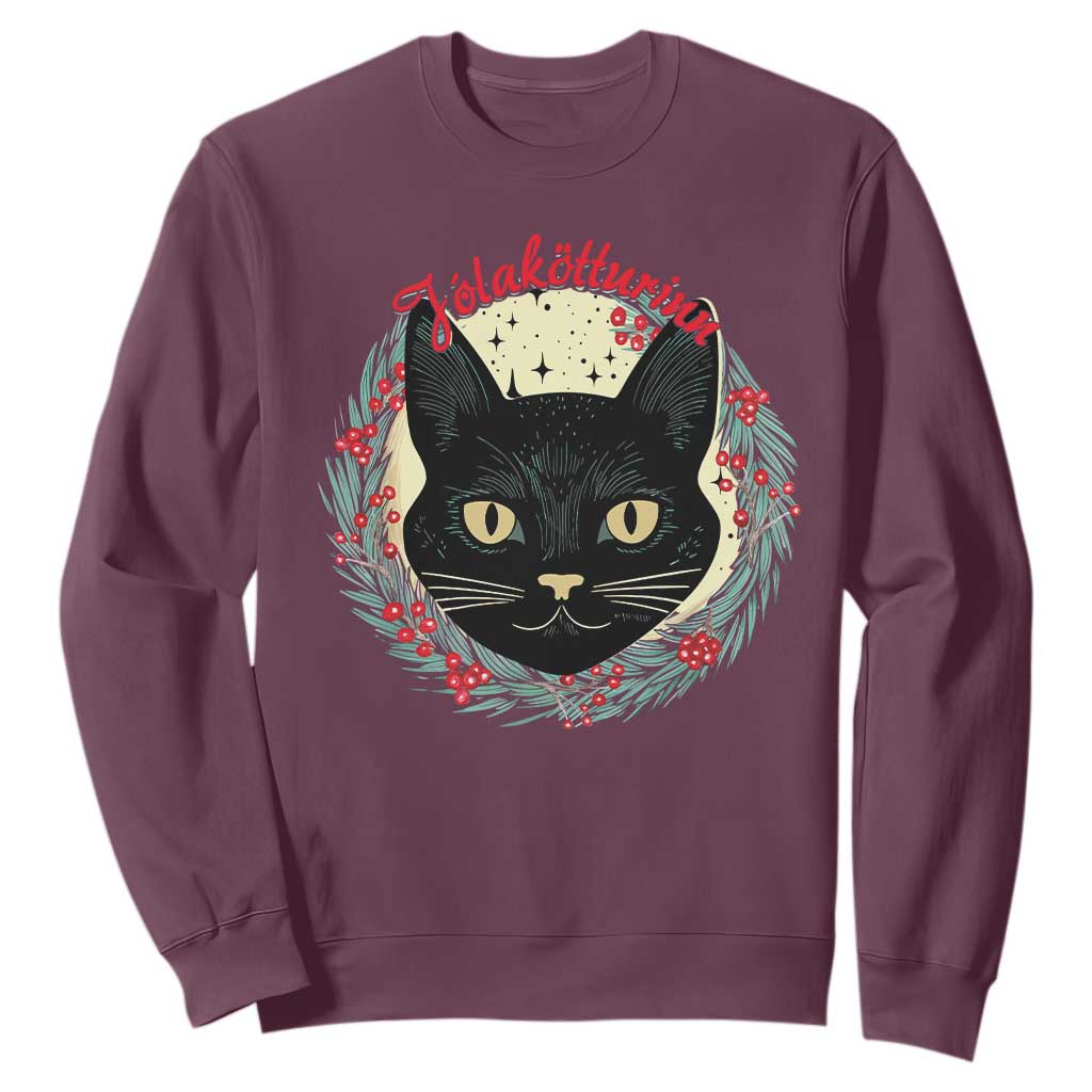 Funny Yule Cat Sweatshirt Jlaktturinn Yule Christmas Black Cat TS11 Maroon Print Your Wear
