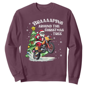 Funny Christmas Biker Sweatshirt Braaaaping Around The Christmas Tree Dirt Bike Santa TS11 Maroon Print Your Wear