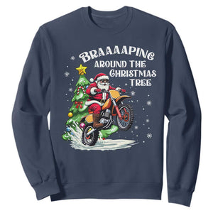 Funny Christmas Biker Sweatshirt Braaaaping Around The Christmas Tree Dirt Bike Santa TS11 Navy Print Your Wear