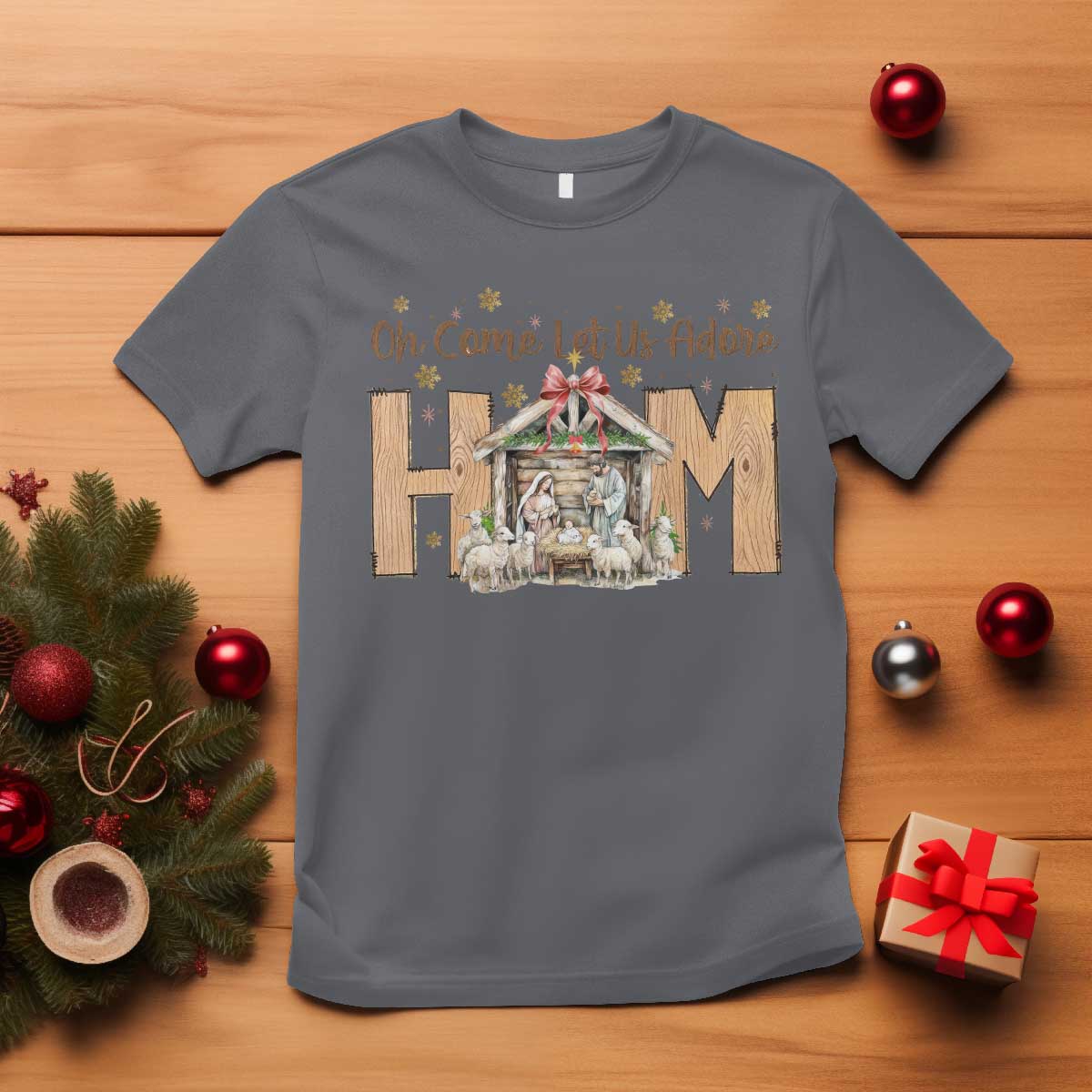 Oh Come Let Us Adore Him T Shirt Christian Christmas Nativity Scene TS11 Charcoal Print Your Wear
