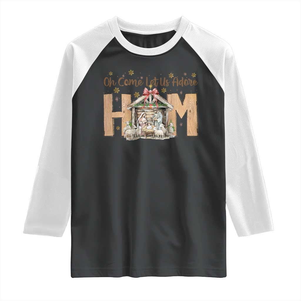 Oh Come Let Us Adore Him Raglan Shirt Christian Christmas Nativity Scene TS11 Black White Print Your Wear