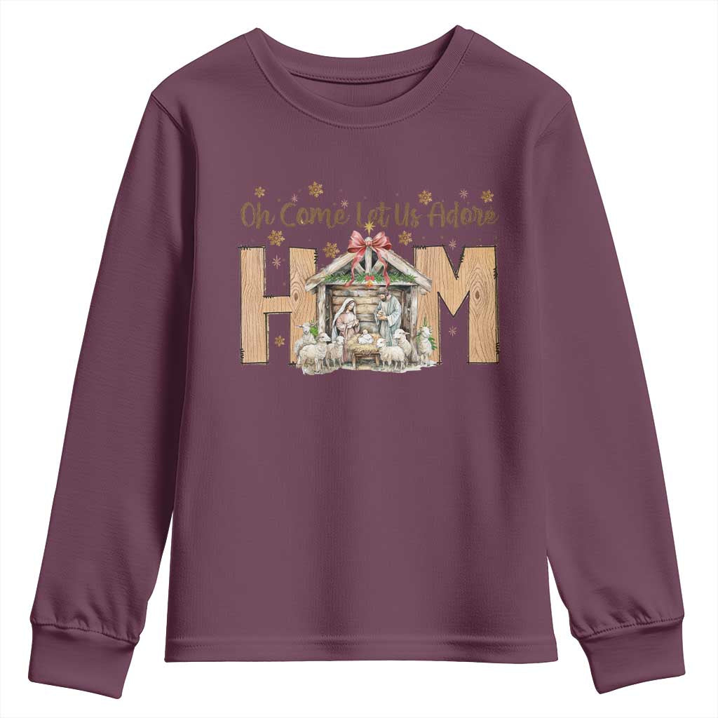 Oh Come Let Us Adore Him Youth Sweatshirt Christian Christmas Nativity Scene TS11 Maroon Print Your Wear