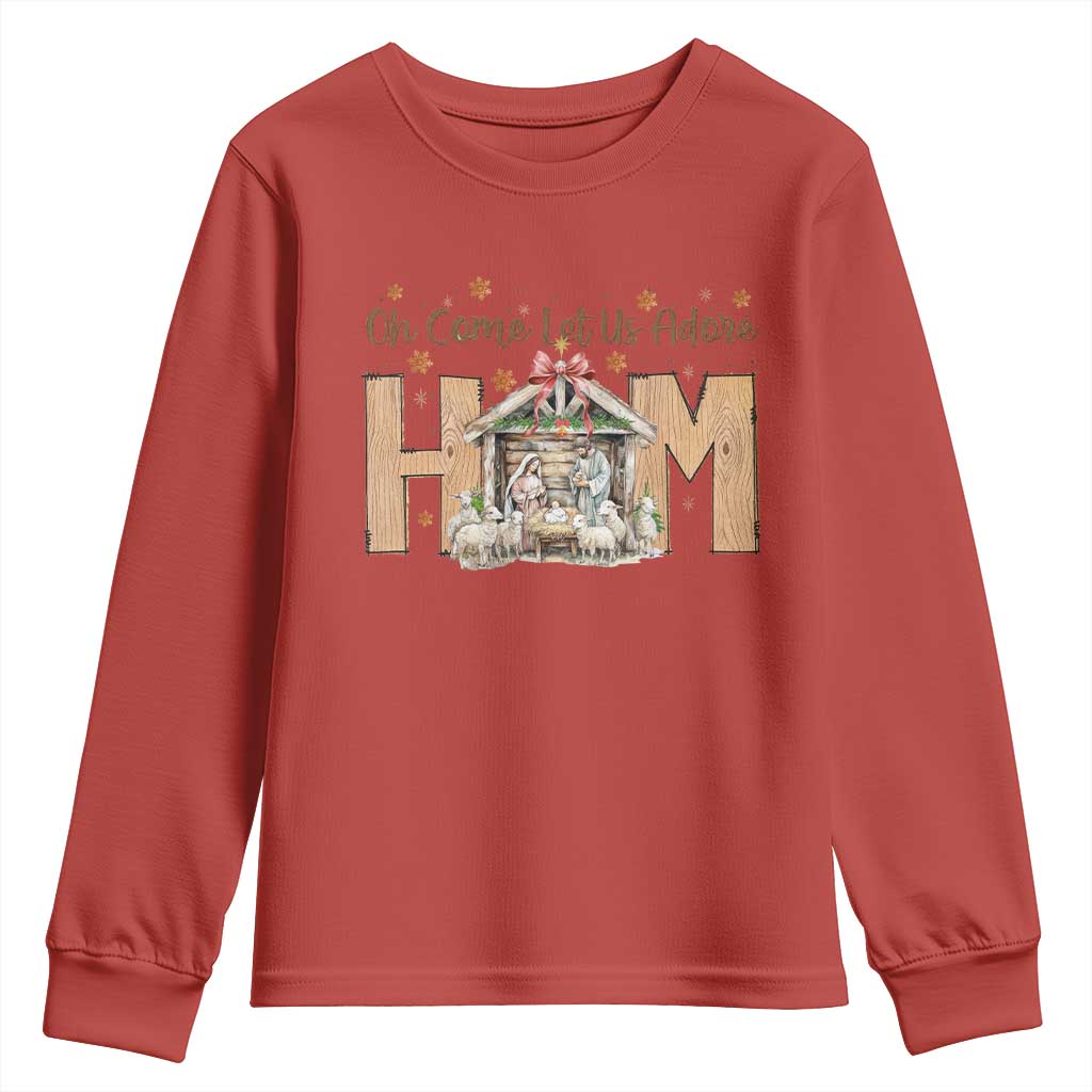 Oh Come Let Us Adore Him Youth Sweatshirt Christian Christmas Nativity Scene TS11 Red Print Your Wear