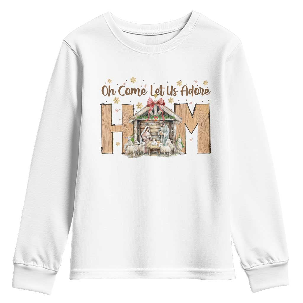 Oh Come Let Us Adore Him Youth Sweatshirt Christian Christmas Nativity Scene TS11 White Print Your Wear