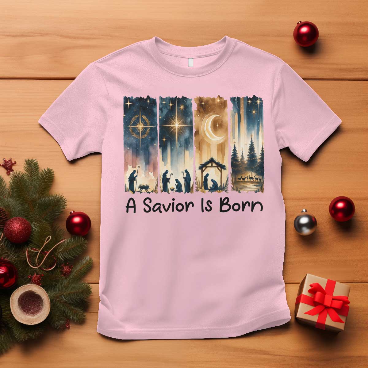 Christian Christmas T Shirt A Savior Is Born Jesus Nativity Scene TS11 Light Pink Print Your Wear