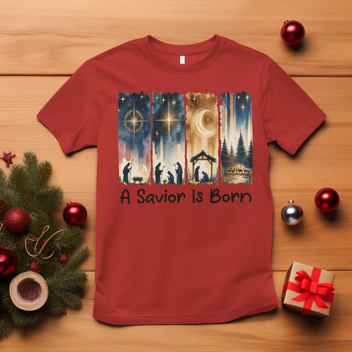 Christian Christmas T Shirt A Savior Is Born Jesus Nativity Scene TS11 Red Print Your Wear