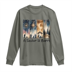 Christian Christmas Long Sleeve Shirt A Savior Is Born Jesus Nativity Scene TS11 Military Green Print Your Wear