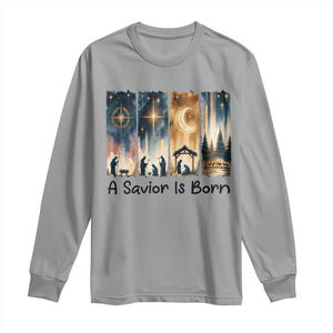 Christian Christmas Long Sleeve Shirt A Savior Is Born Jesus Nativity Scene TS11 Sport Gray Print Your Wear