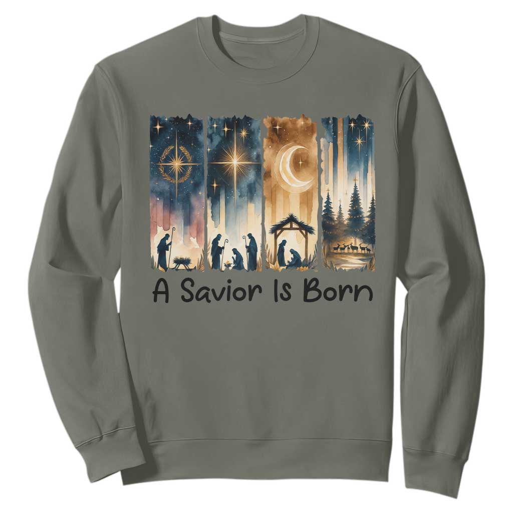 Christian Christmas Sweatshirt A Savior Is Born Jesus Nativity Scene TS11 Military Green Print Your Wear
