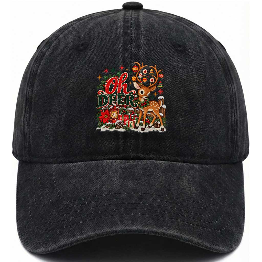 Oh Deer Christmas Cute Reindeer Festive Winter Season Washed Cotton Baseball Cap