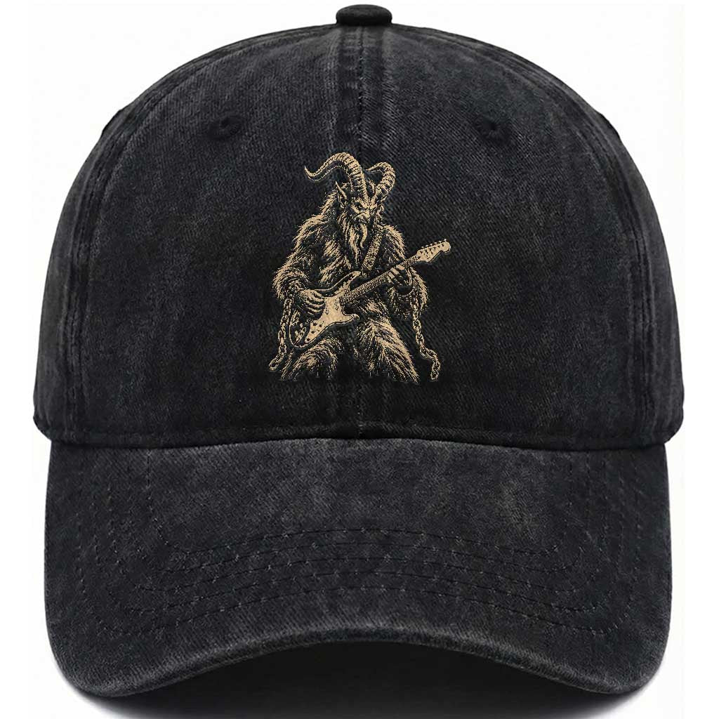 Vintage Krampus Playing Guitar Christmas Punk Rock Humor Washed Cotton Baseball Cap Horror Germanic Xmas Folklore