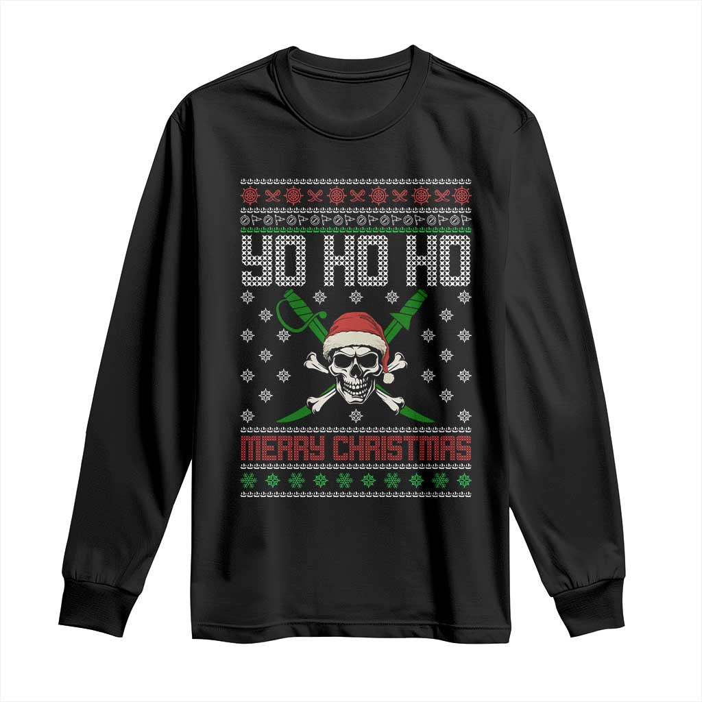 Funny Christmas Pirate Santa Long Sleeve Shirt Yo Ho Ho Merry Christmas Skull Santa Hat TS11 Black Print Your Wear