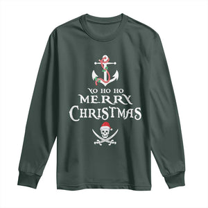 Funny Christmas Pirate Long Sleeve Shirt Yo Ho Ho Merry Christmas Anchor Santa Skull TS11 Dark Forest Green Print Your Wear