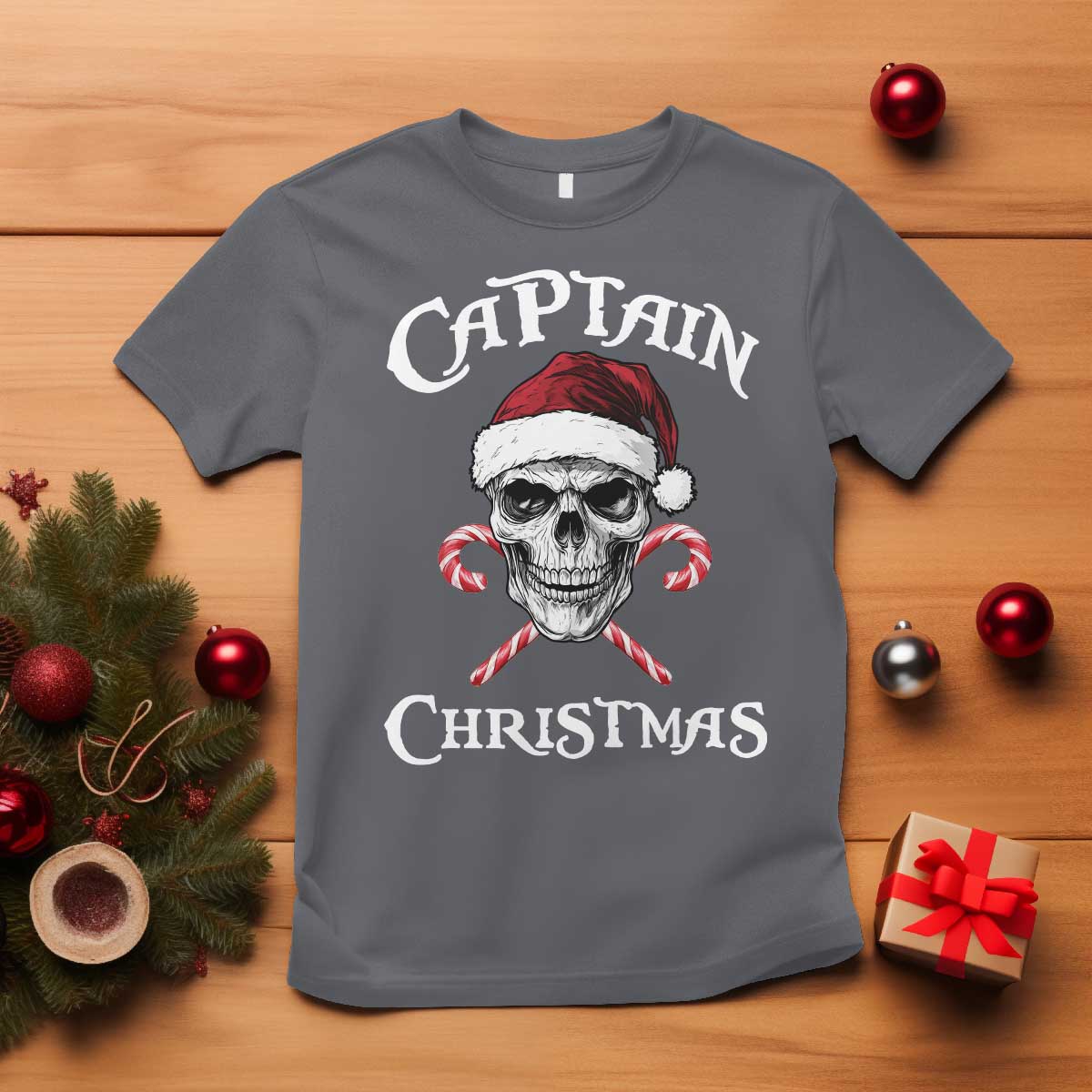 Funny Xmas Pirate Santa T Shirt Captain Christmas Skull Candy Canes TS11 Charcoal Print Your Wear