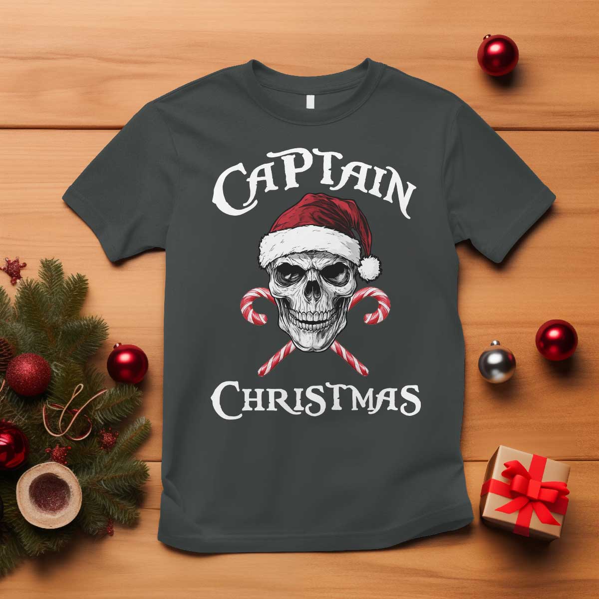 Funny Xmas Pirate Santa T Shirt Captain Christmas Skull Candy Canes TS11 Dark Heather Print Your Wear