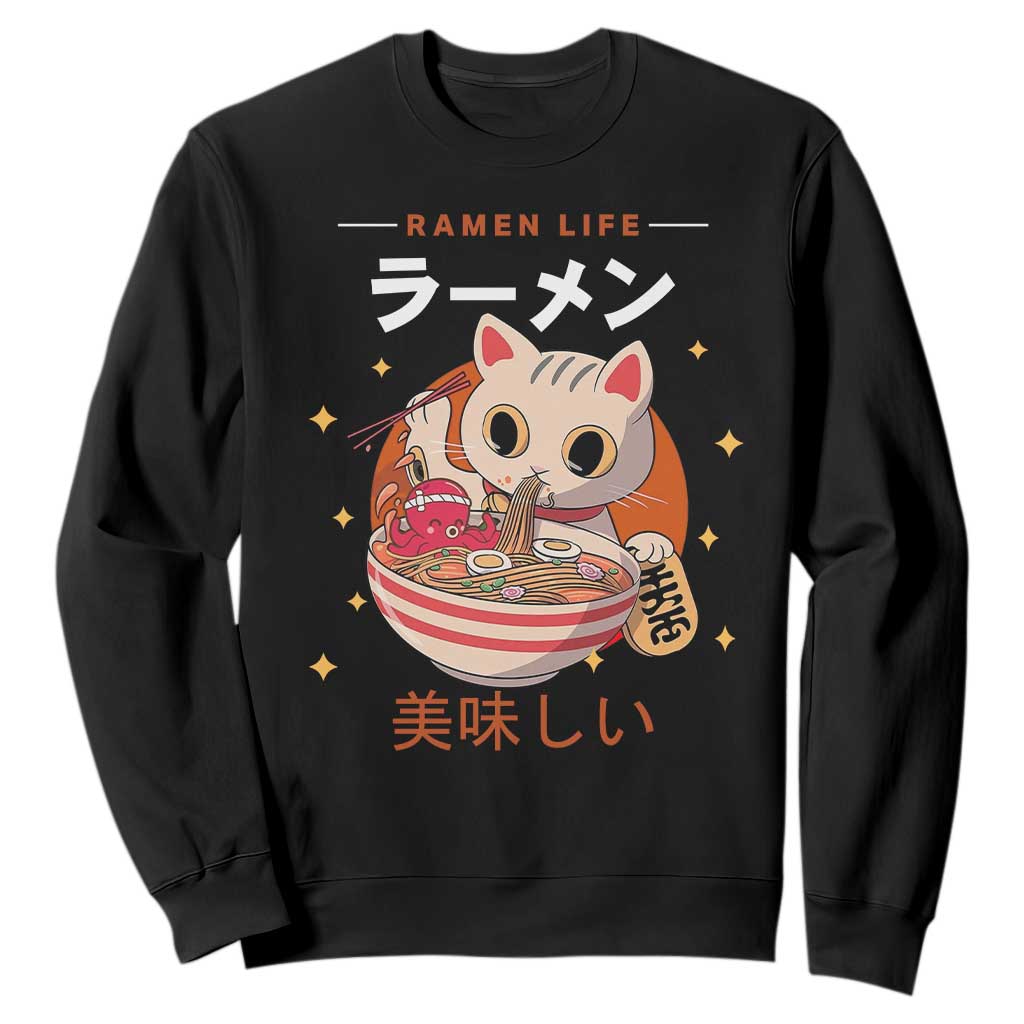 Funny Japanese Kawaii Cat Neko Ramen Sweatshirt TS11 Black Print Your Wear