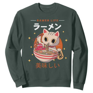 Funny Japanese Kawaii Cat Neko Ramen Sweatshirt TS11 Dark Forest Green Print Your Wear