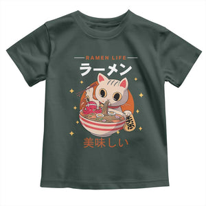 Funny Japanese Kawaii Cat Neko Ramen Toddler T Shirt TS11 Dark Forest Green Print Your Wear