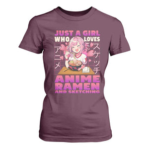 Funny Just A Girl Who Loves Anime Ramen And Sketching T Shirt For Women Otaku Japanese Kawaii Anime Girl TS11 Maroon Print Your Wear