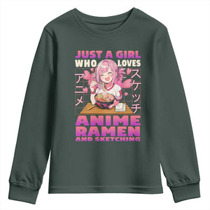 Funny Just A Girl Who Loves Anime Ramen And Sketching Youth Sweatshirt Otaku Japanese Kawaii Anime Girl TS11 Dark Forest Green Print Your Wear