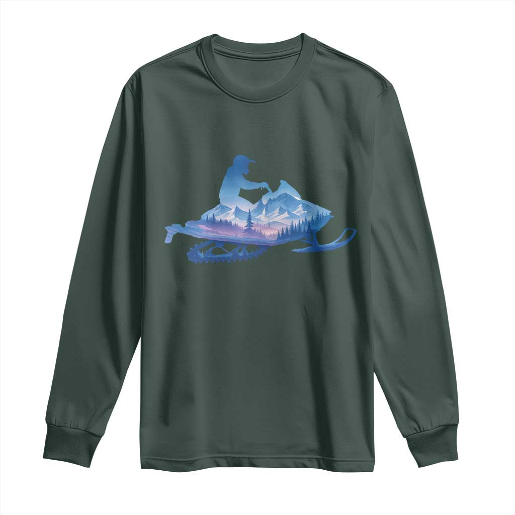 Snowmobile Snow Mountain Forest Snowmobiling Winter Sport Long Sleeve Shirt TS11 Dark Forest Green Print Your Wear
