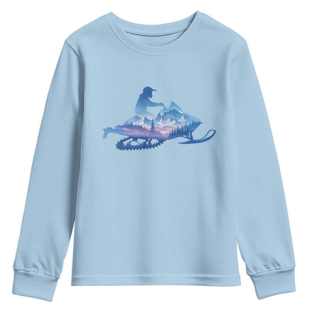 Snowmobile Snow Mountain Forest Snowmobiling Winter Sport Youth Sweatshirt TS11 Light Blue Print Your Wear