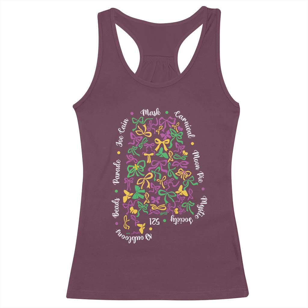 Funny Mardi Gras Alabama Map Coquette Bow Racerback Tank Top Moon Pie Carnival Joe Cain Beads TS11 Maroon Print Your Wear
