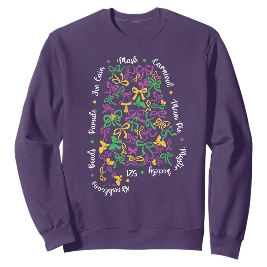 Funny Mardi Gras Alabama Map Coquette Bow Sweatshirt Moon Pie Carnival Joe Cain Beads TS11 Purple Print Your Wear
