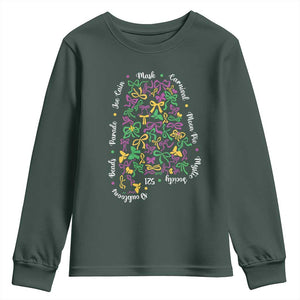 Funny Mardi Gras Alabama Map Coquette Bow Youth Sweatshirt Moon Pie Carnival Joe Cain Beads TS11 Dark Forest Green Print Your Wear