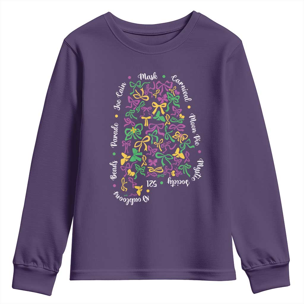 Funny Mardi Gras Alabama Map Coquette Bow Youth Sweatshirt Moon Pie Carnival Joe Cain Beads TS11 Purple Print Your Wear