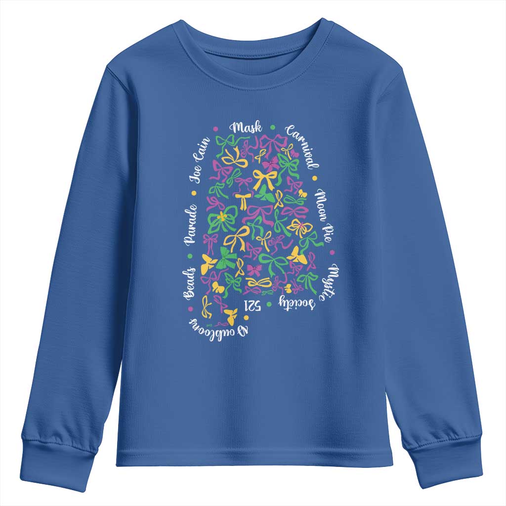 Funny Mardi Gras Alabama Map Coquette Bow Youth Sweatshirt Moon Pie Carnival Joe Cain Beads TS11 Royal Blue Print Your Wear