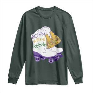 Funny Mardi Gras Long Sleeve Shirt Rollin' With My Krewe Marching Boots Carnival Party TS11 Dark Forest Green Print Your Wear