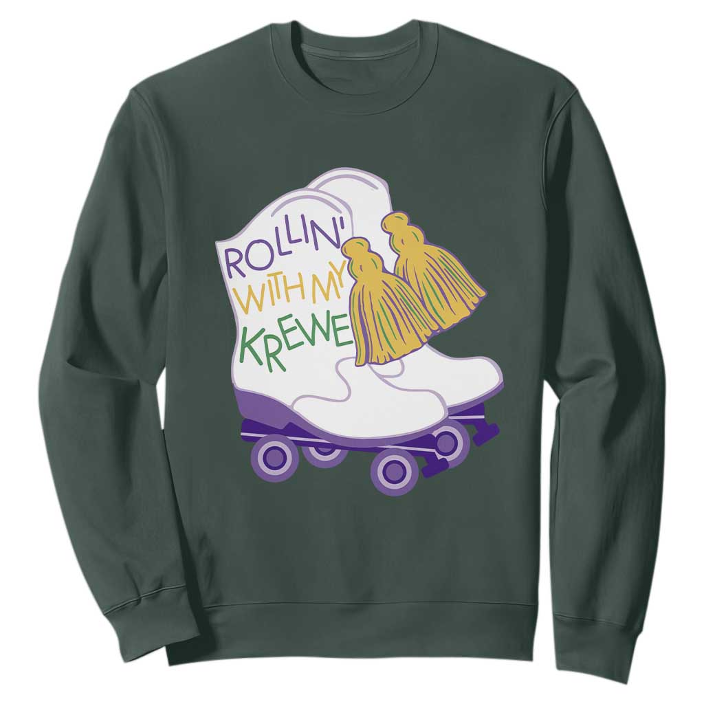 Funny Mardi Gras Sweatshirt Rollin' With My Krewe Marching Boots Carnival Party TS11 Dark Forest Green Print Your Wear