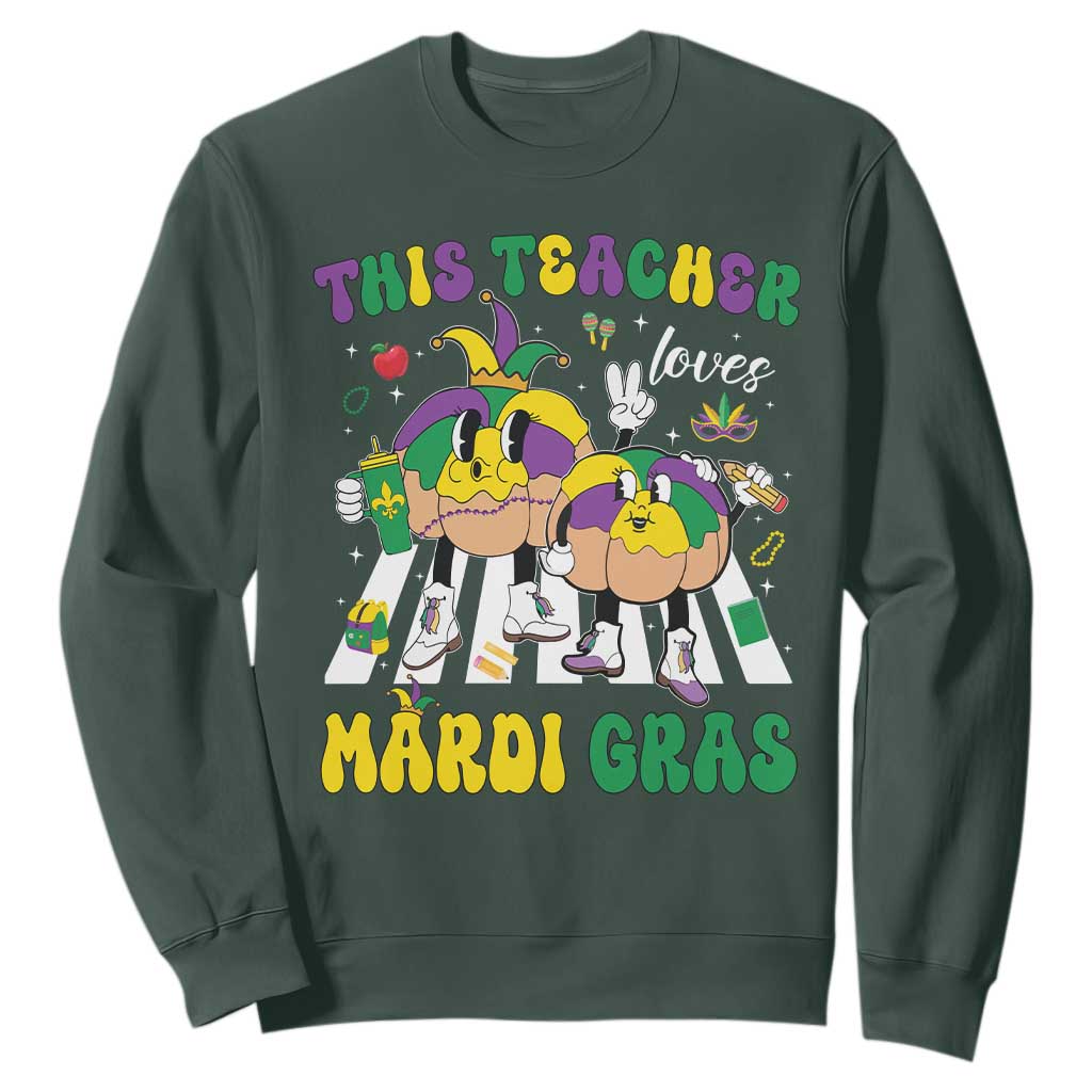 Funny This Teacher Loves Mardi Gras Sweatshirt King Cake Jester Hat TS11 Dark Forest Green Print Your Wear