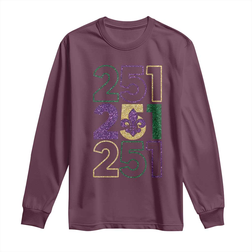 Funny Mobile Mardi Gras 251 Long Sleeve Shirt Glitter Print Area Code TS11 Maroon Print Your Wear