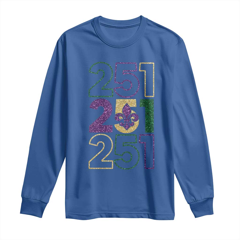 Funny Mobile Mardi Gras 251 Long Sleeve Shirt Glitter Print Area Code TS11 Royal Blue Print Your Wear