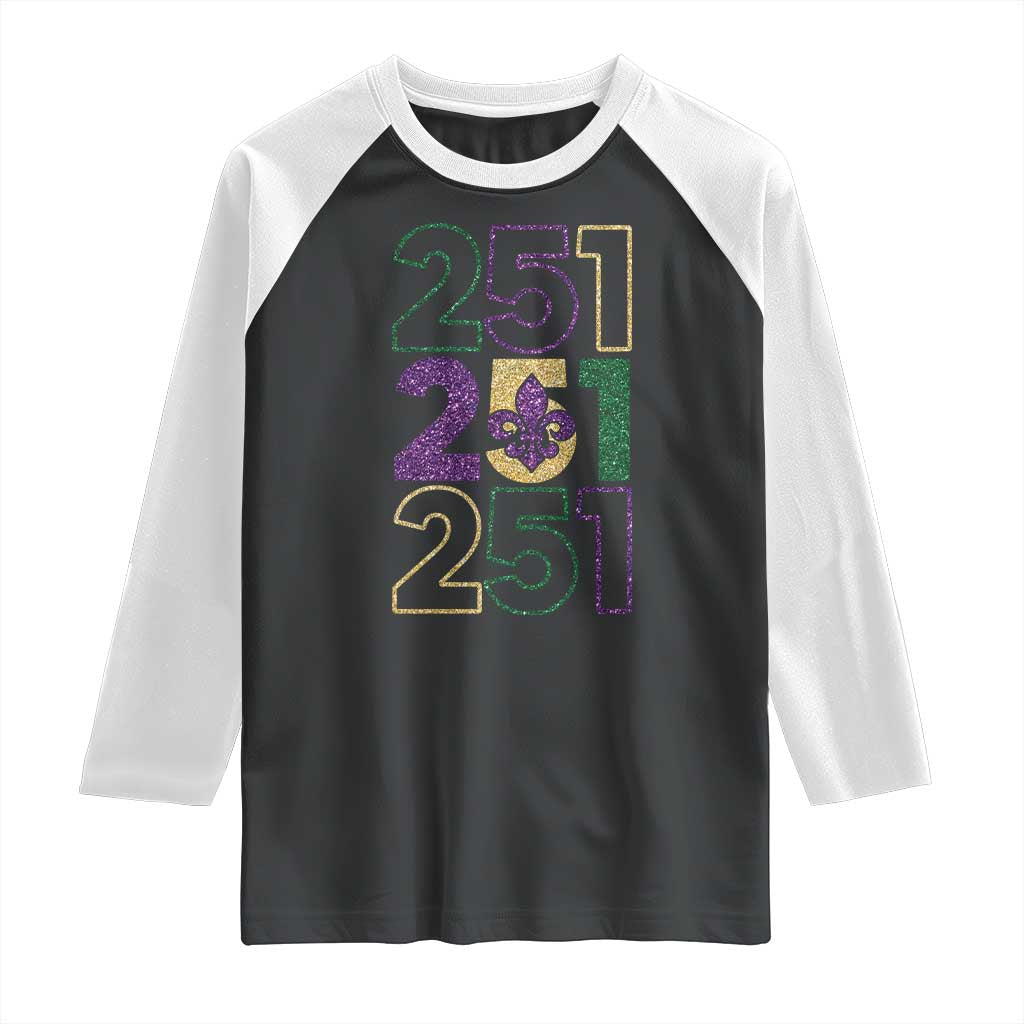 Funny Mobile Mardi Gras 251 Raglan Shirt Glitter Print Area Code TS11 Black White Print Your Wear