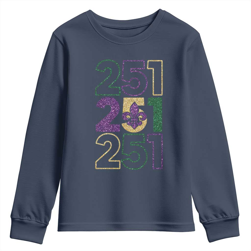 Funny Mobile Mardi Gras 251 Youth Sweatshirt Glitter Print Area Code TS11 Navy Print Your Wear