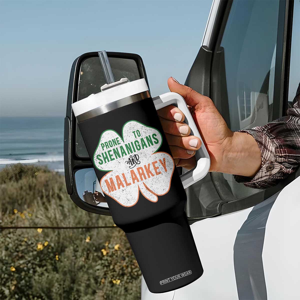 Prone to Shenanigans and Malarkey Tumbler With Handle Funny St Patricks Day Shamrock TS11 Print Your Wear