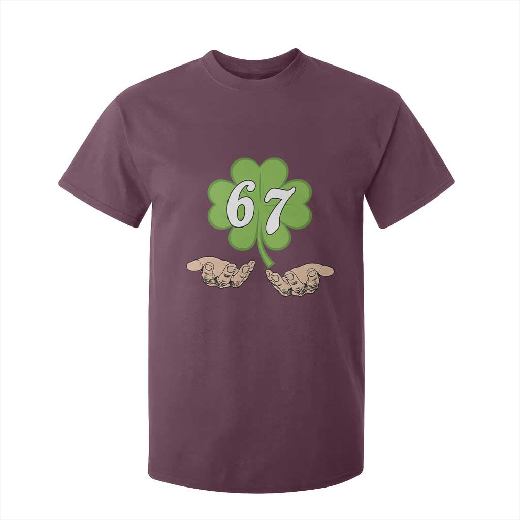 67 St Patricks Day T Shirt For Kid Six Seven Meme Shamrock Hand Gesture TS11 Maroon Print Your Wear