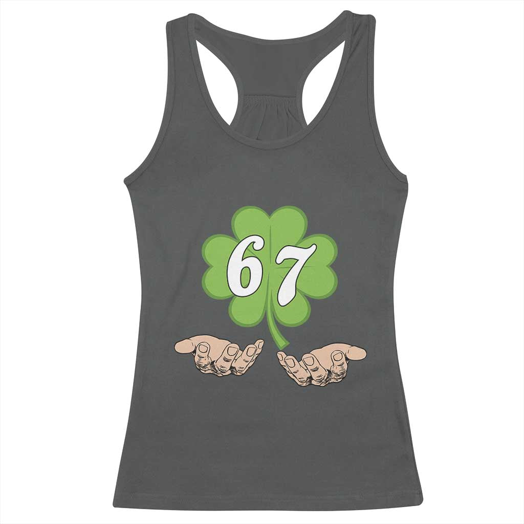 67 St Patricks Day Racerback Tank Top Six Seven Meme Shamrock Hand Gesture TS11 Dark Heather Print Your Wear