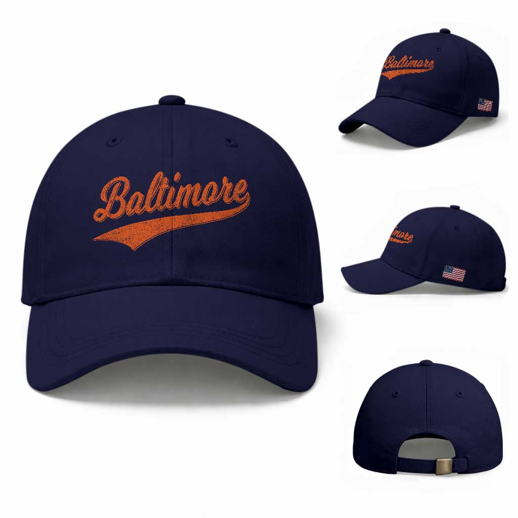 Baltimore Script Retro Baseball Sport Lovers City Pride Baseball Cap TS11 Baseball Cap Universal Fit Dark Blue Print Your Wear
