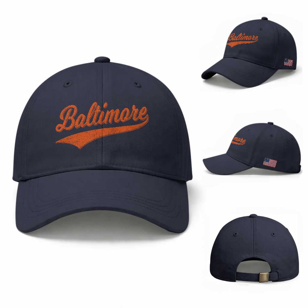 Baltimore Script Retro Baseball Sport Lovers City Pride Baseball Cap TS11 Baseball Cap Universal Fit Navy Print Your Wear