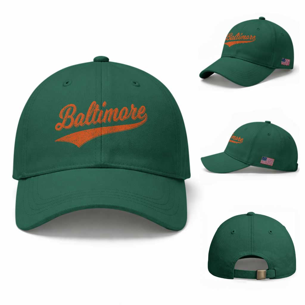 Baltimore Script Retro Baseball Sport Lovers City Pride Baseball Cap TS11 Baseball Cap Universal Fit Irish Green Print Your Wear