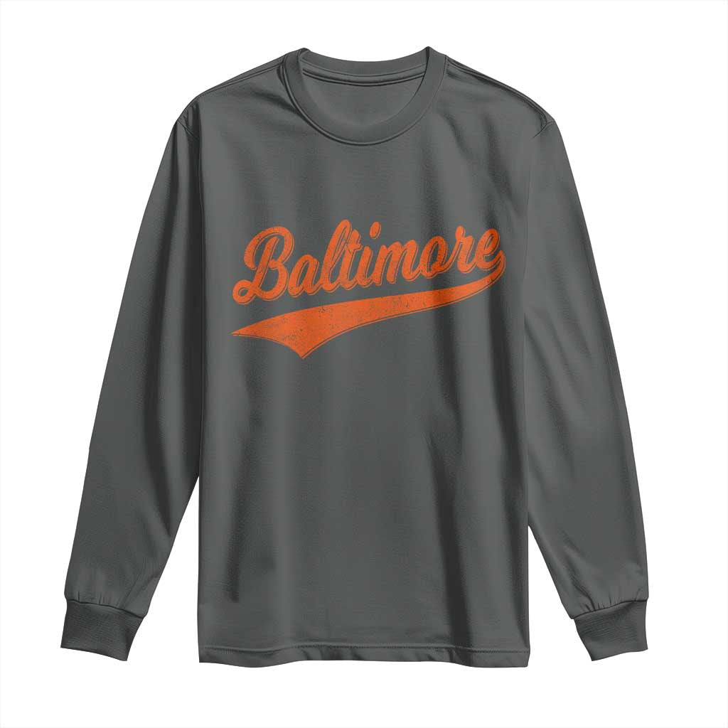 Baltimore Script Retro Baseball Sport Lovers City Pride Long Sleeve Shirt TS11 Dark Heather Print Your Wear