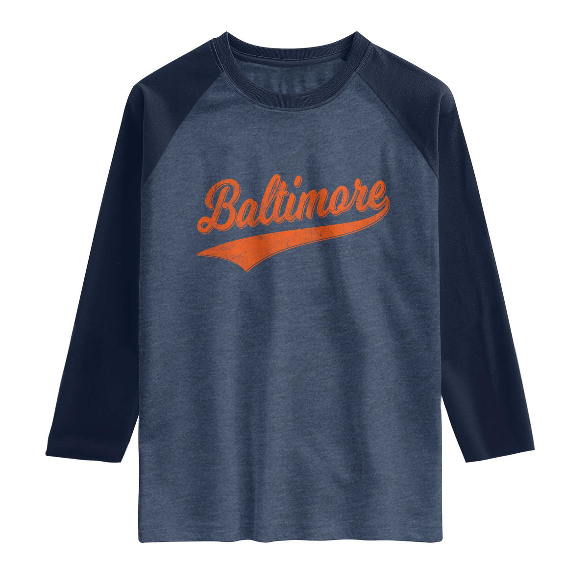 Baltimore Script Retro Baseball Sport Lovers City Pride Raglan Shirt TS11 Heather Denim Navy Print Your Wear