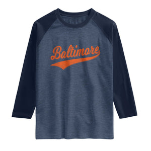 Baltimore Script Retro Baseball Sport Lovers City Pride Raglan Shirt TS11 Heather Denim Navy Print Your Wear