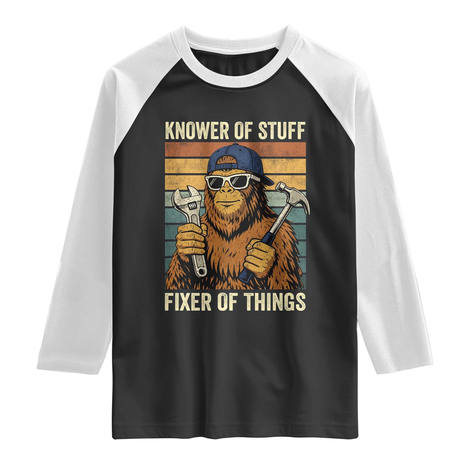Knower Of Stuff Fixer Of Things Raglan Shirt Mechanic Bigfoot Dad TS11 Black White Print Your Wear